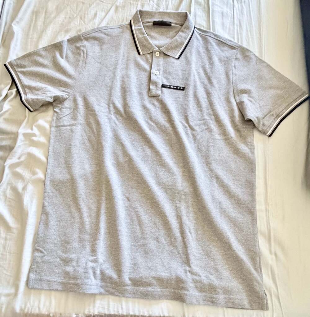Prada Men's Gray Piqué Polo Shirt with Logo Patch and Tipped Collar
